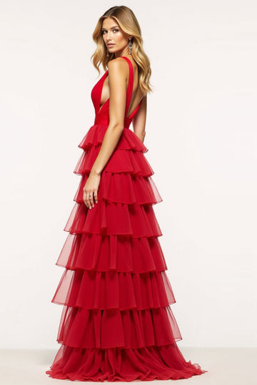 Robe de bal longue en tulle à volants à col en V profond rouge avec fente